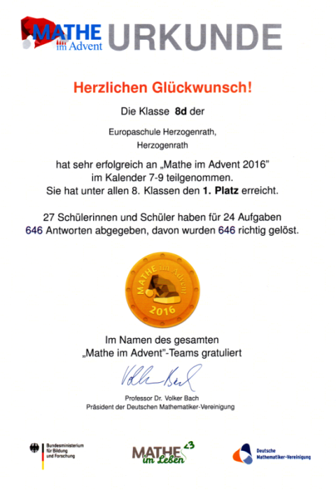 Europaschule Herzogenrath erneut sehr erfolgreich bei internationalem Mathematikwettbewerb